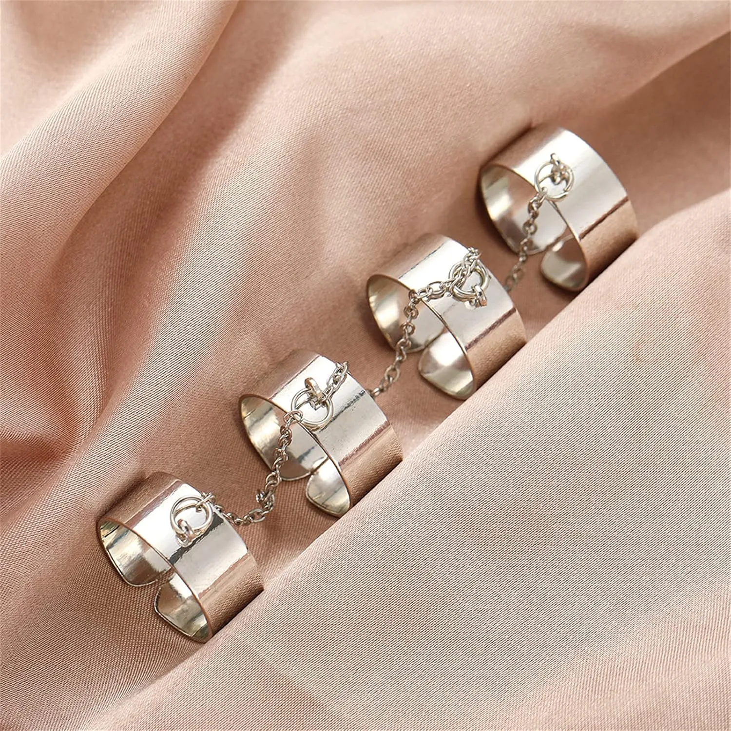 coadipress Punk Chain Open Cuff Finger Rings for Men Women Adjustable Hip Hop Vintage Gothic Stackable Statement Knuckle Ring Link Multiple Chain Ring Party Jewelry
