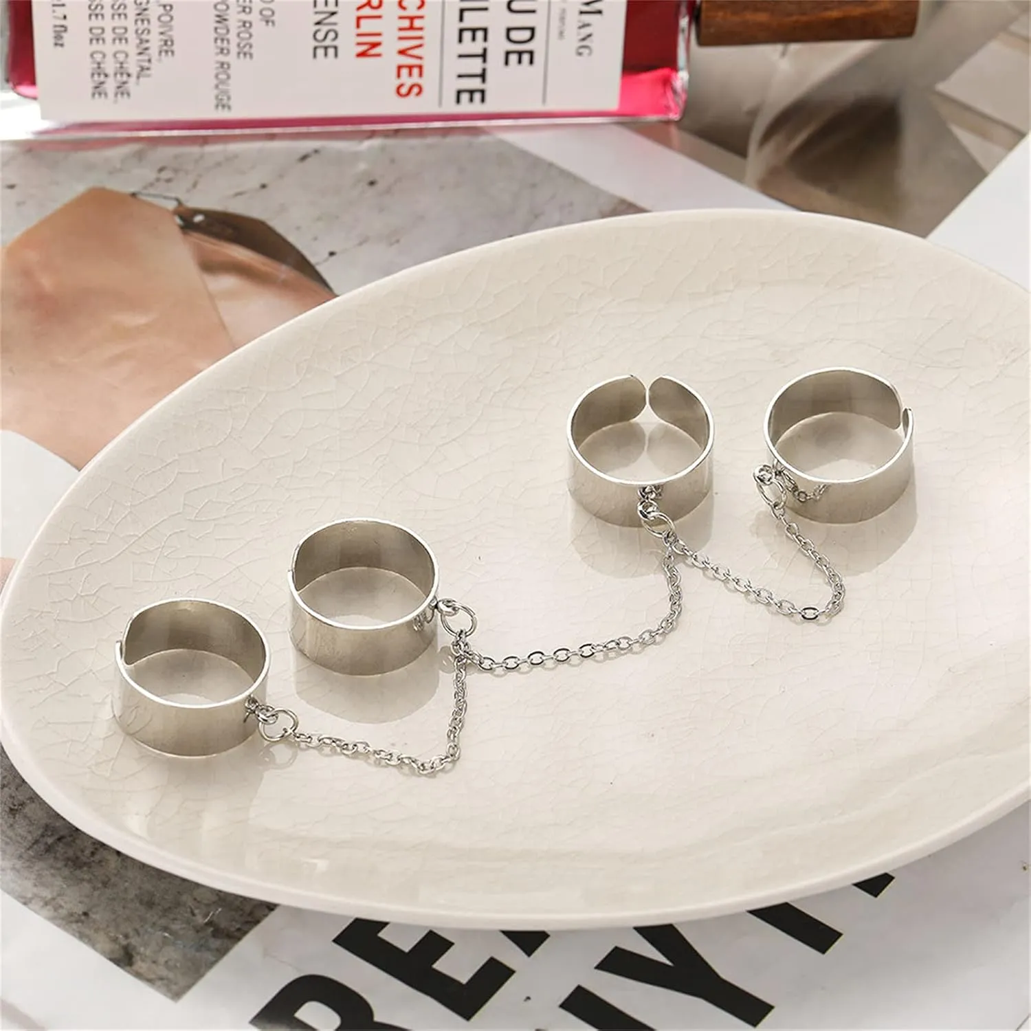 coadipress Punk Chain Open Cuff Finger Rings for Men Women Adjustable Hip Hop Vintage Gothic Stackable Statement Knuckle Ring Link Multiple Chain Ring Party Jewelry