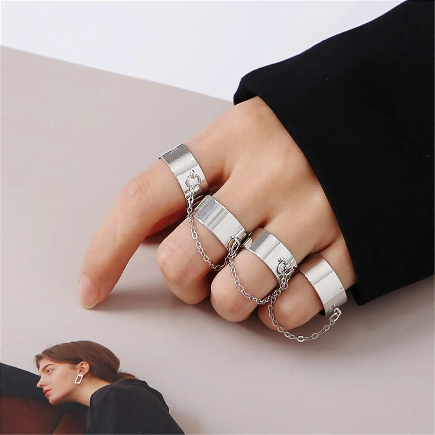 coadipress Punk Chain Open Cuff Finger Rings for Men Women Adjustable Hip Hop Vintage Gothic Stackable Statement Knuckle Ring Link Multiple Chain Ring Party Jewelry