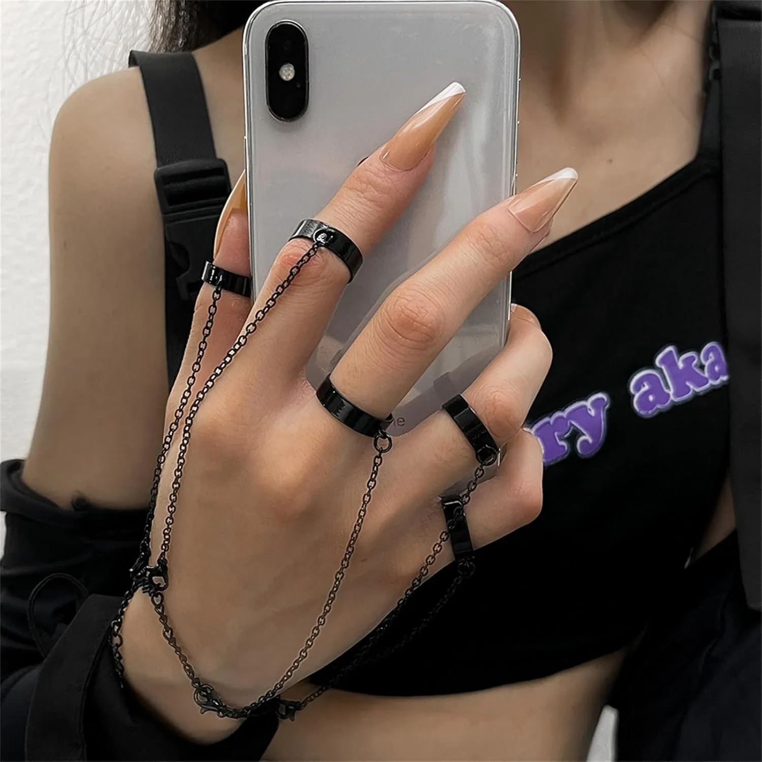 coadipress Punk Chain Open Cuff Finger Rings for Men Women Adjustable Hip Hop Vintage Gothic Stackable Statement Knuckle Ring Link Multiple Chain Ring Party Jewelry