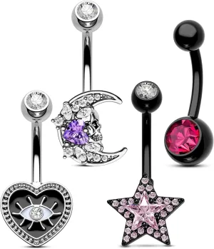 COCHARM 4Pcs Halloween Black Pink Belly Button Rings Black Heart Belly Piercing Jewerly Star Navel Rings 14g Goth Moon Navel Jewelry