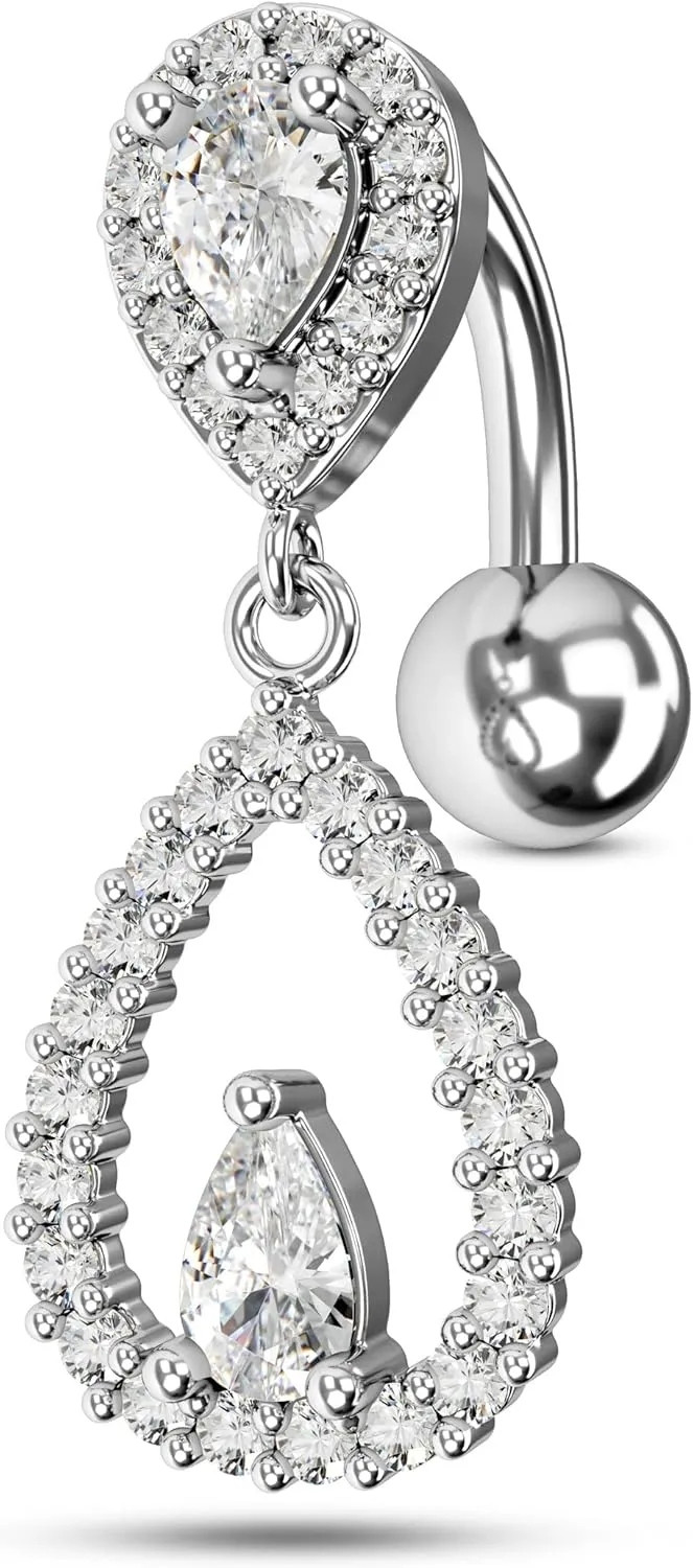 COCHARM Top Down Belly Button Rings 14g Cute CZ Heart Belly Button Rings for Women Dangle Tear Drop Belly Ring Belly Piercing Jewelry
