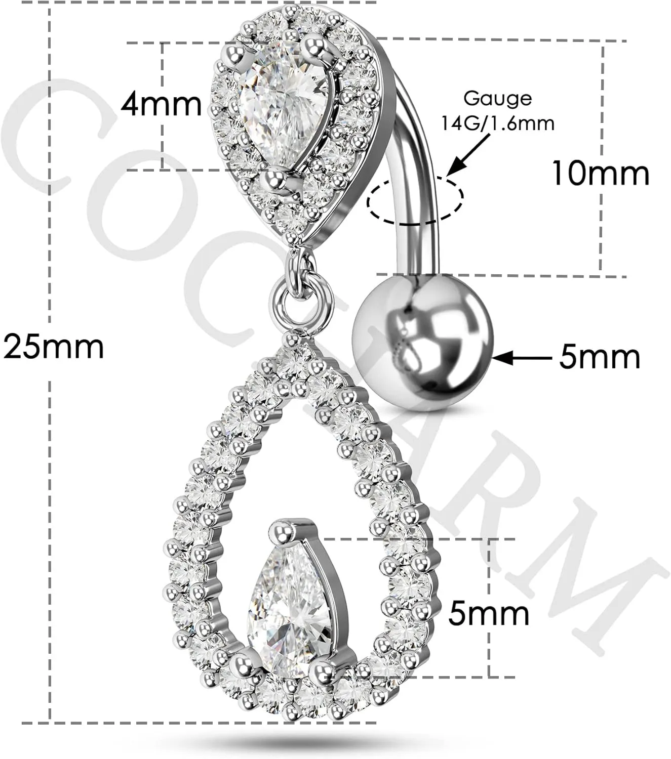 COCHARM Top Down Belly Button Rings 14g Cute CZ Heart Belly Button Rings for Women Dangle Tear Drop Belly Ring Belly Piercing Jewelry