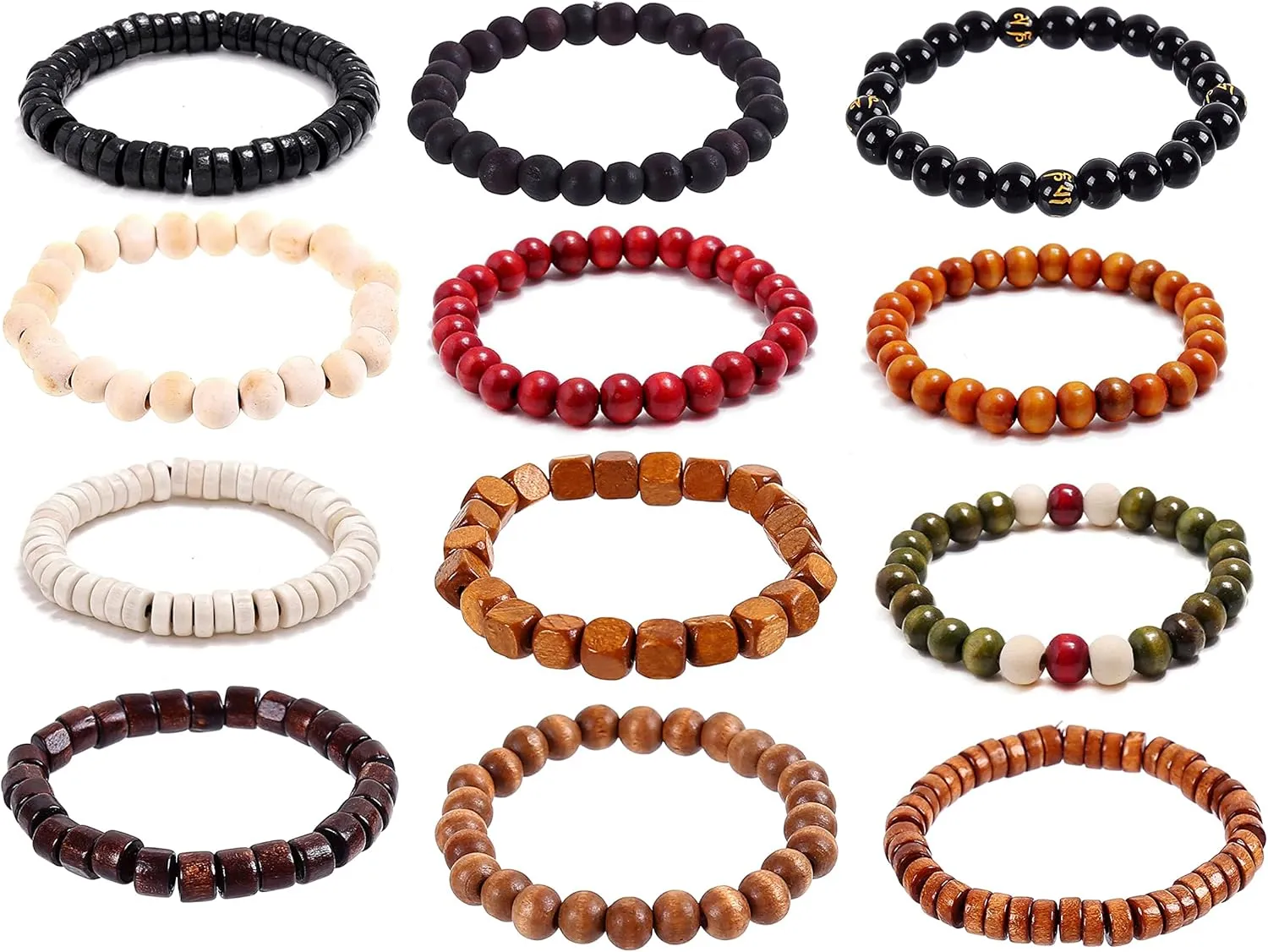 COLORFUL BLING Handmade Wooden Prayer Beaded Bracelet for Men Women Tibetan Buddhist Meditation Mala Beaded Stretch Bracelet Bangle Wood Jewelry
