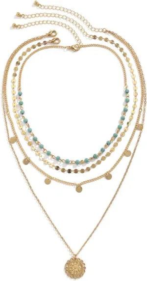 COLORFUL BLING White Heishi Surfer Choker Layered Necklace for Women Summer Flower Gold Helios Coin Star Pendant Pretty Stylish Floral Pendant Necklace Jewelry Gifts for Prom Party