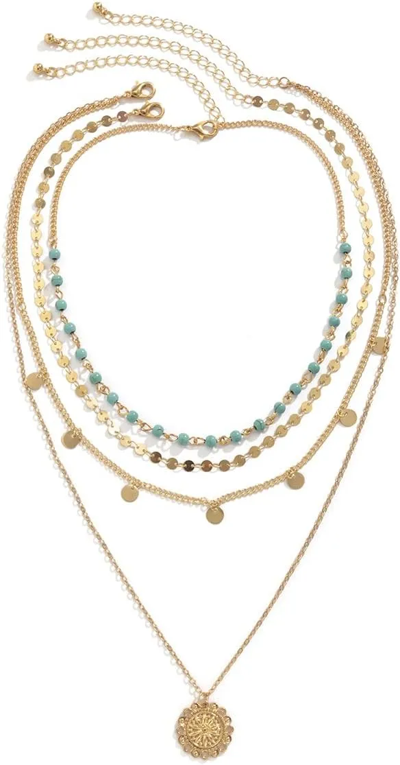 COLORFUL BLING White Heishi Surfer Choker Layered Necklace for Women Summer Flower Gold Helios Coin Star Pendant Pretty Stylish Floral Pendant Necklace Jewelry Gifts for Prom Party