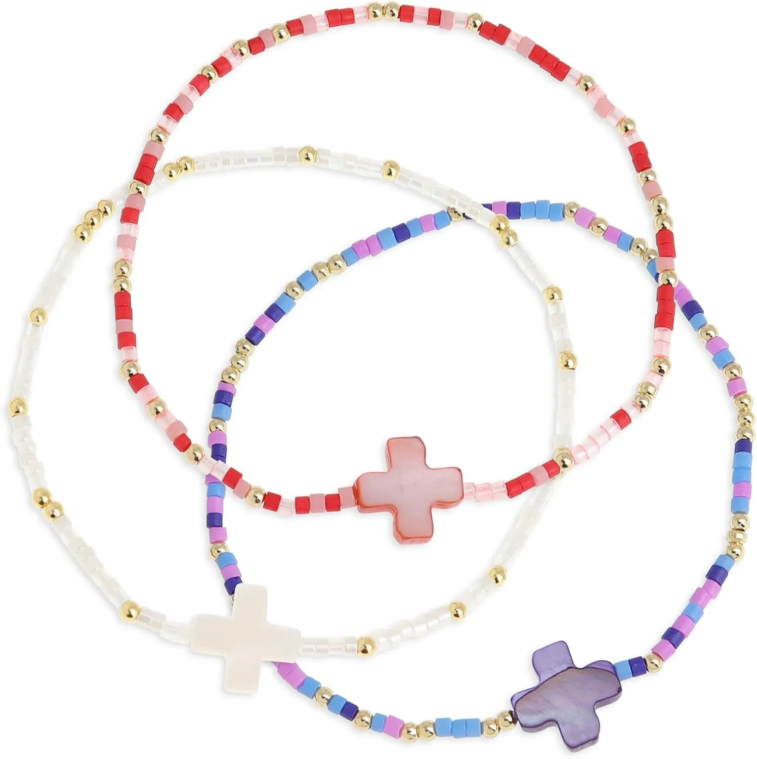Colorful Cross Beaded Stretch Bracelets Stacks Set for Women, Boho Beach Handmade Stackable Shell Beads Bracelet Summer Jewelry Gift