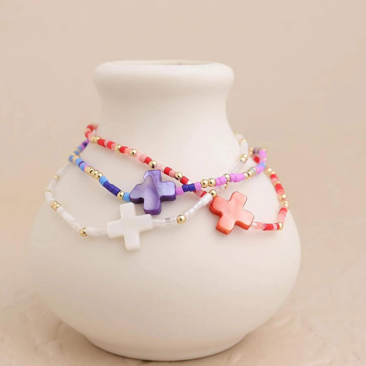 Colorful Cross Beaded Stretch Bracelets Stacks Set for Women, Boho Beach Handmade Stackable Shell Beads Bracelet Summer Jewelry Gift