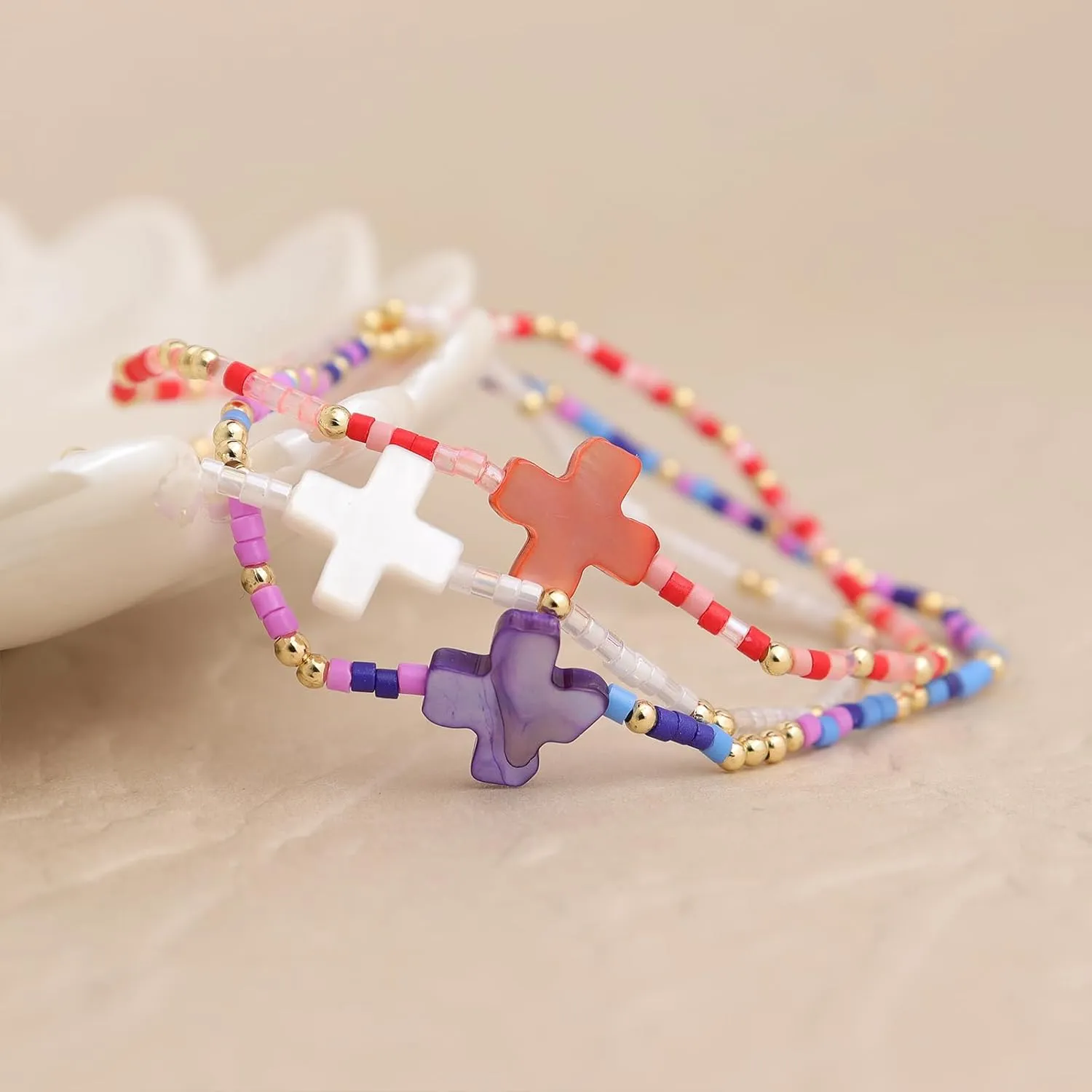 Colorful Cross Beaded Stretch Bracelets Stacks Set for Women, Boho Beach Handmade Stackable Shell Beads Bracelet Summer Jewelry Gift