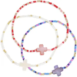 Colorful Cross Beaded Stretch Bracelets Stacks Set for Women, Boho Beach Handmade Stackable Shell Beads Bracelet Summer Jewelry Gift