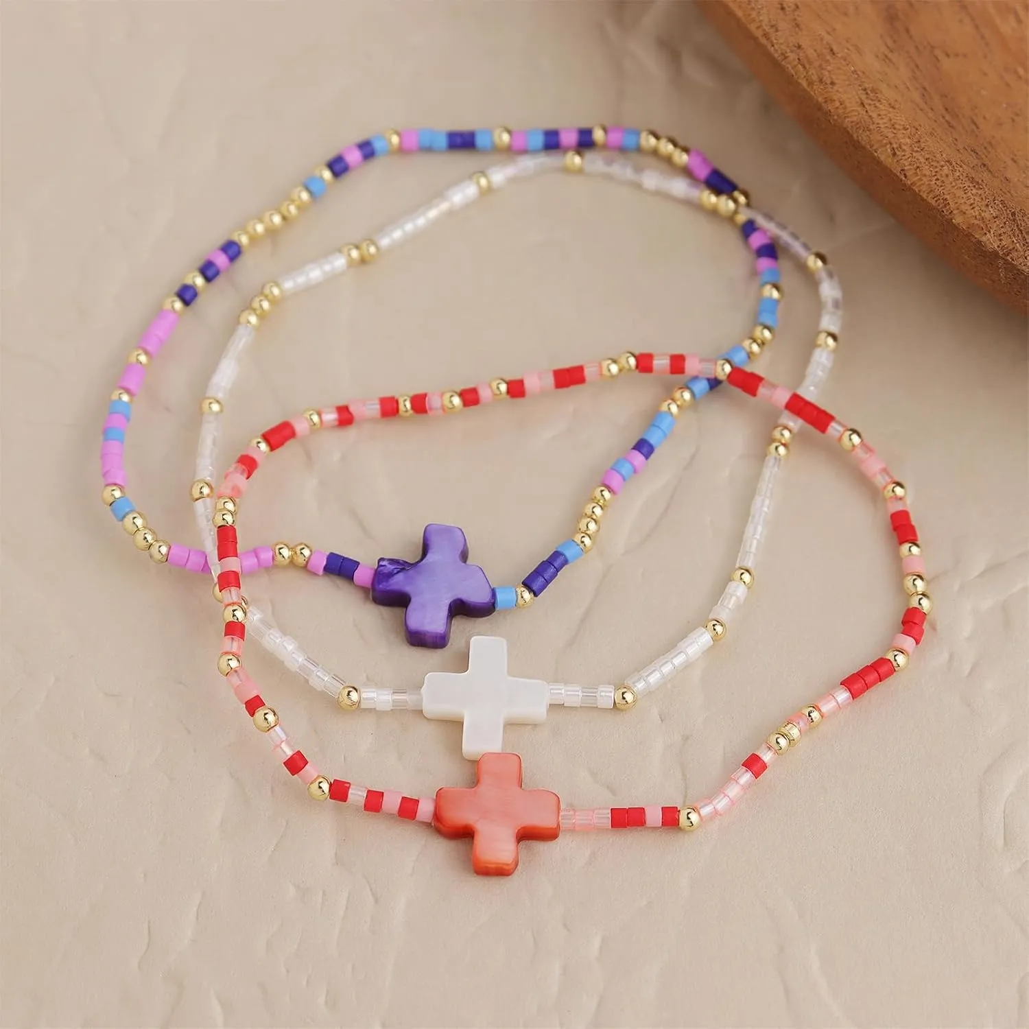 Colorful Cross Beaded Stretch Bracelets Stacks Set for Women, Boho Beach Handmade Stackable Shell Beads Bracelet Summer Jewelry Gift