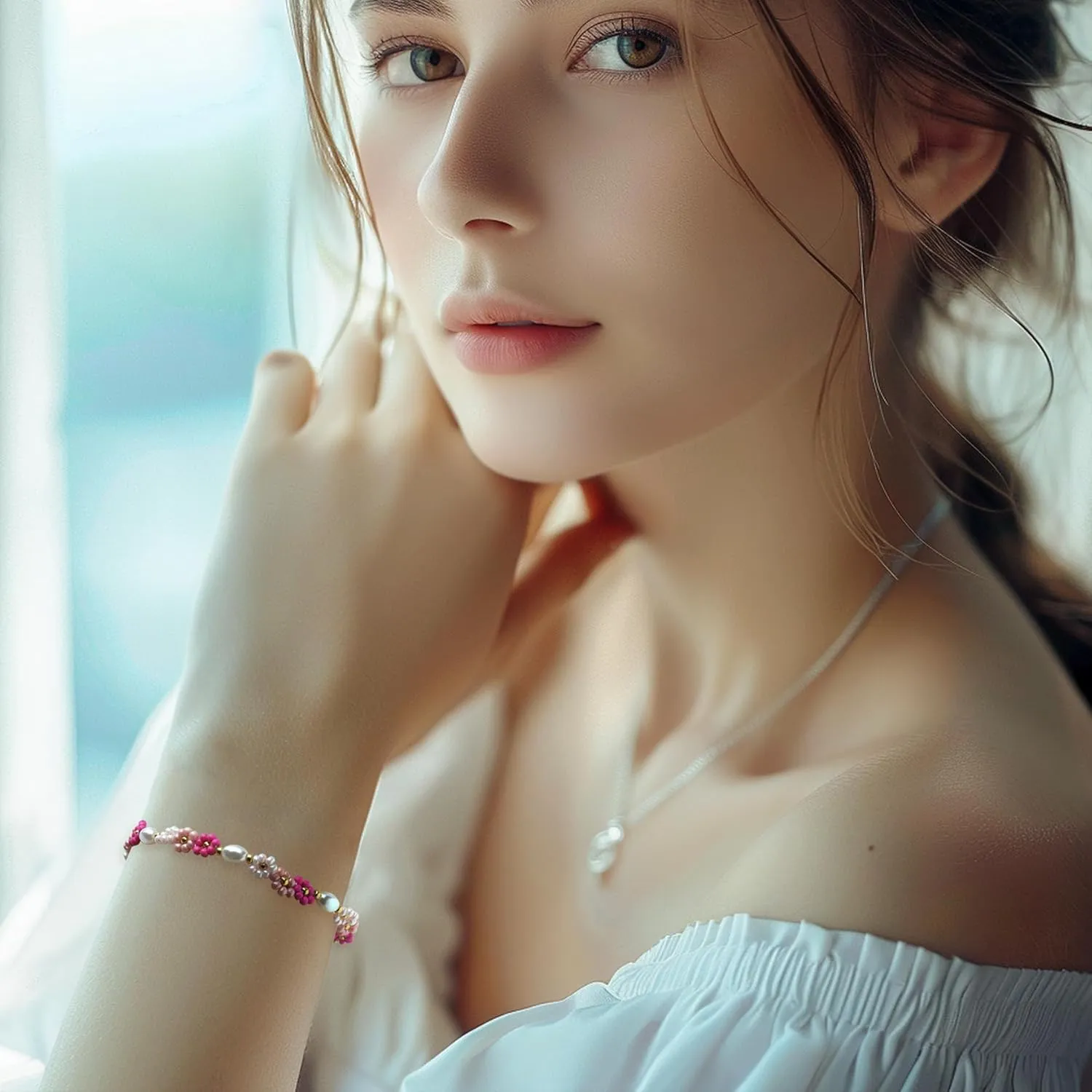 Colorful Daisy Flower Beaded Bracelets for Women, Cute Handmade Floral Gold Beads Adjustable Bracelet Spring Boho Jewelry Gift
