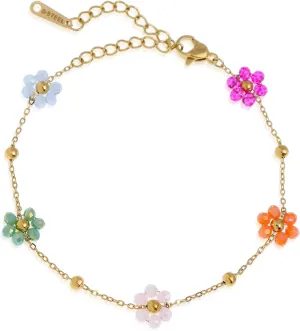Colorful Daisy Flower Beaded Bracelets for Women, Cute Handmade Floral Gold Beads Adjustable Bracelet Spring Boho Jewelry Gift