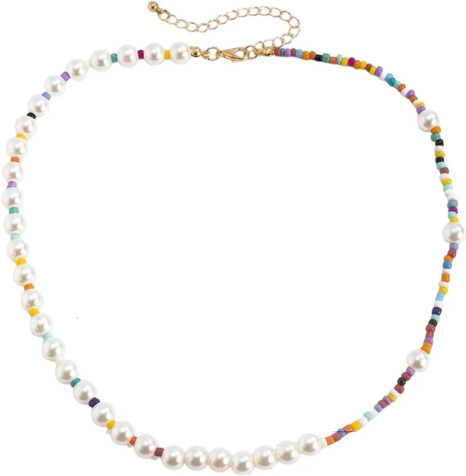 Colorful Handmade Beaded Short Collar Clavicle Chain Imitation Pearl Necklace for Men Women HersKorean Jewelry
