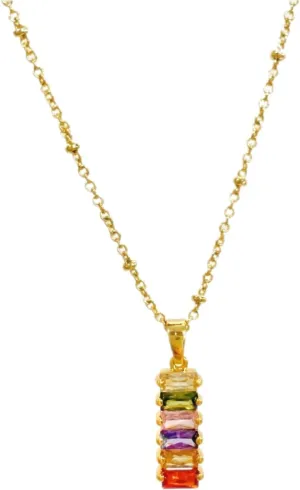 Colorful Zircon Pendant Necklace - 18K Gold Plated Rainbow Crystal Geometric Square Necklace for Women - Trendy Dainty Bright Multicolour Gemstone Bar Necklace Golden