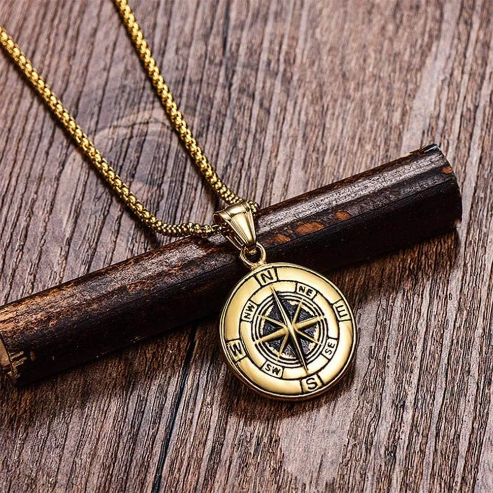 Compass Necklace for Men Chain Stainless Steel Compass Pendants Male Jewelry