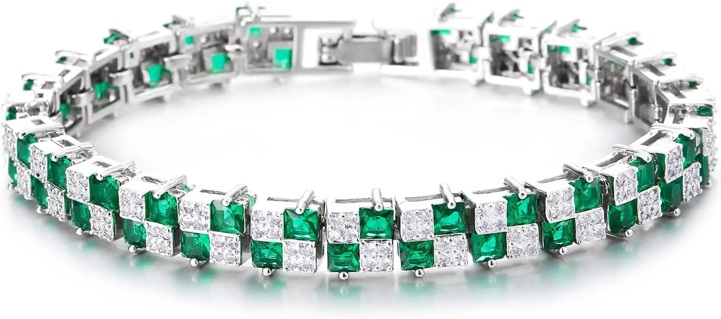 COOLSTEELANDBEYOND Women's Emerald Green and White CZ Tennis Bracelet, Square Cut Stones, Bangle Bracelet, Luxurious