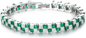 COOLSTEELANDBEYOND Women's Emerald Green and White CZ Tennis Bracelet, Square Cut Stones, Bangle Bracelet, Luxurious