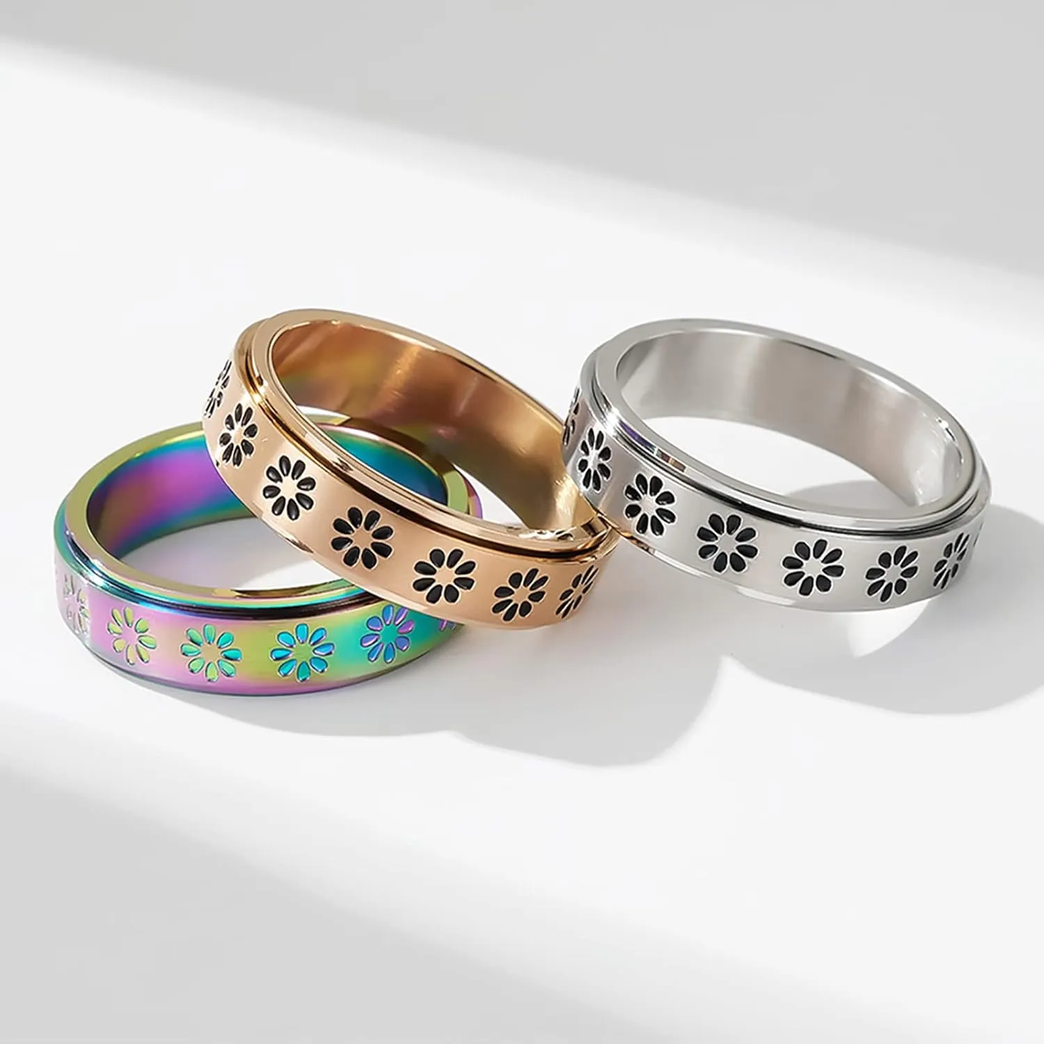 Couple Ring Relief Anxiety Decompression Flower Rotating Titanium Steel Ring Size 5-11
