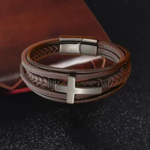 Cross Bracelet for Man,Stainless Steel Cross Multi-Layer Braided with Stainless Steel Buckle Men's Cuff Bracelet Genuine Leather Wristband Religious Brown Leather Bracelet