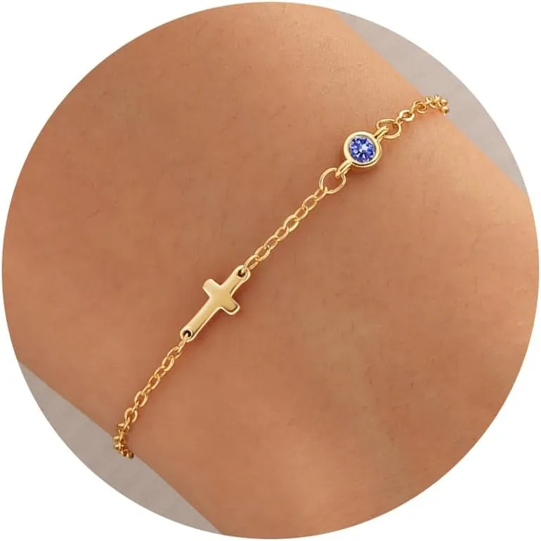Cross Bracelet for Women with Birthstone Dainty 14k Gold Plated Bracelets for Women Non Tarnish with Cross Birthstone Bracelets for Teen Girl Gifts Trendy Stuff Religious Christian Birthday Gifts Jewelry