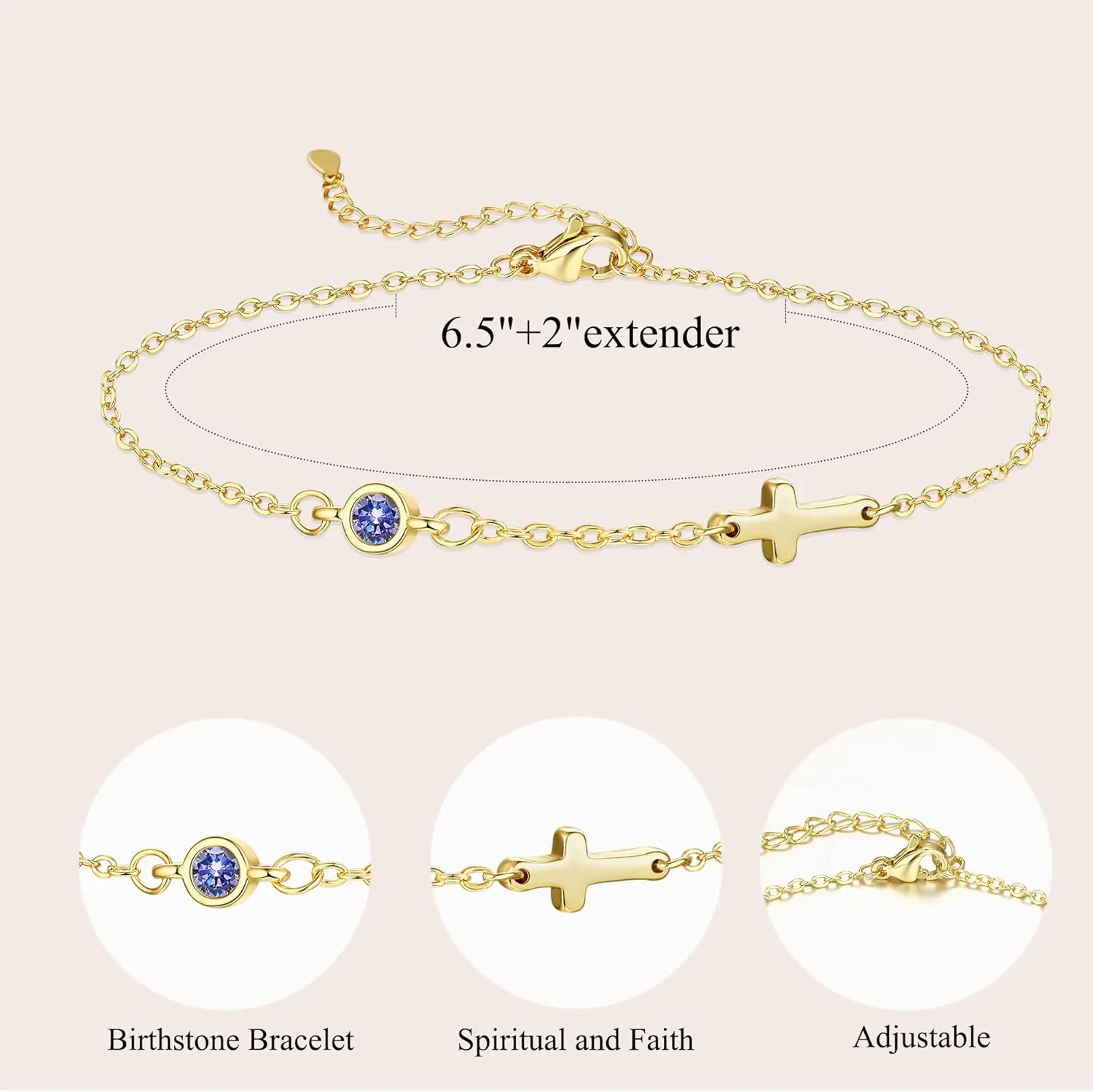 Cross Bracelet for Women with Birthstone Dainty 14k Gold Plated Bracelets for Women Non Tarnish with Cross Birthstone Bracelets for Teen Girl Gifts Trendy Stuff Religious Christian Birthday Gifts Jewelry