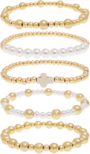 Cross Gold Beaded Stack Bracelets Set for Women, Trendy Boho Handmade White Ball Beads Stackable Friendship Stretch Bracelet Outfit Accessories Jewelry Gift.