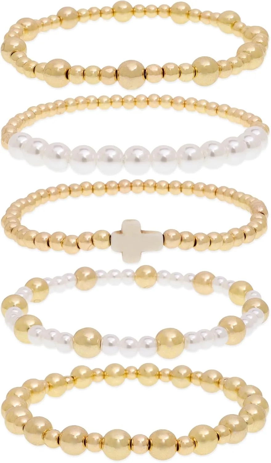 Cross Gold Beaded Stack Bracelets Set for Women, Trendy Boho Handmade White Ball Beads Stackable Friendship Stretch Bracelet Outfit Accessories Jewelry Gift.