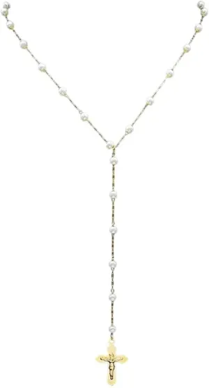 Cross Jesus Rosary Catholic Necklace Gold Color Stainless Steel Imitation Pearls Long Chain Necklaces Jewelry Collares, As Pic, AFA-T05-P1216