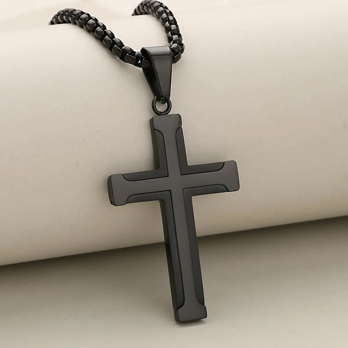 Cross Necklace for Man, Stainless Steel Black/Silver Cross Pendant Necklace, Christian Jewelry Chain