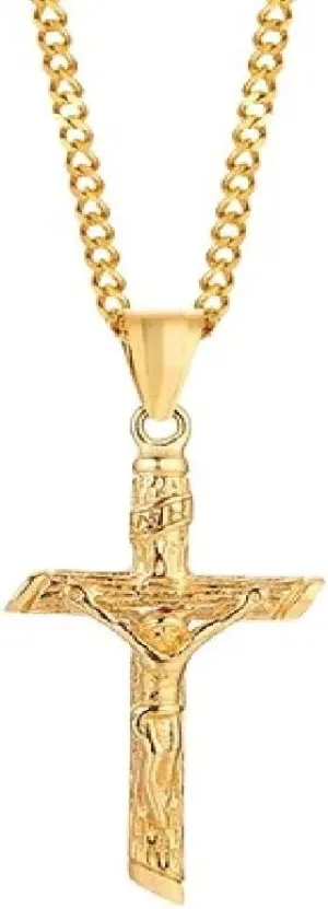 Cross Necklace for Men Women, Catholicism Jesus Pendant, Gold Color Stainless Steel Unisex Collar, Church Prayer Faith Jewelry