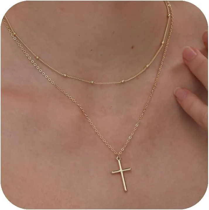 Cross Necklace for Women, 14K Gold Plated Layered Dainty Cross Necklace, Trendy Simple Cute Charm Chain Cross Necklaces for Women (gold-cross-v2)