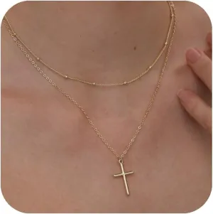 Cross Necklace for Women, 14K Gold Plated Layered Dainty Cross Necklace, Trendy Simple Cute Charm Chain Cross Necklaces for Women (gold-cross-v2)