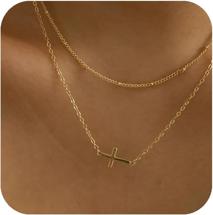 Cross Necklace for Women, 14K Gold Plated Layered Dainty Cross Necklace, Trendy Simple Cute Charm Chain Cross Necklaces for Women (gold-thin-v1)
