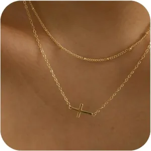 Cross Necklace for Women, 14K Gold Plated Layered Dainty Cross Necklace, Trendy Simple Cute Charm Chain Cross Necklaces for Women (gold-thin-v1)