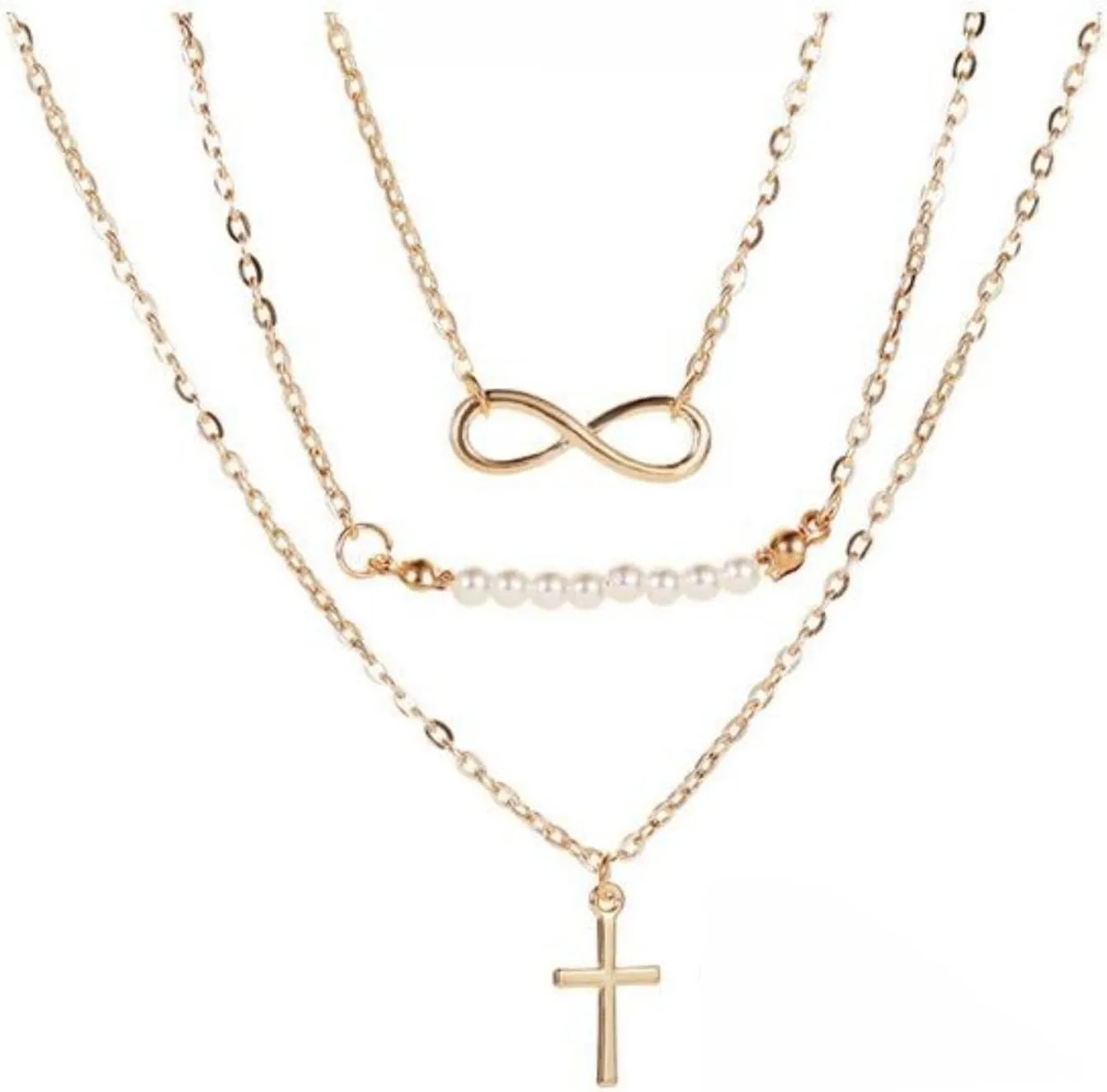 Cross Necklace for Women Gold Layered Cross Pendant Necklace Cubic Zirconia Charm Necklace Elegant Pearl Choker Necklace Trendy Rhinestone Prom Jewelry Present