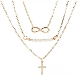 Cross Necklace for Women Gold Layered Cross Pendant Necklace Cubic Zirconia Charm Necklace Elegant Pearl Choker Necklace Trendy Rhinestone Prom Jewelry Present