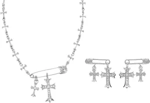 Cross Necklaces Earrings for Women Set, Paperclip Choker Necklace Earrings Silver Faith Cross Cubic Zirconia Jewelry Decorate for Women Men