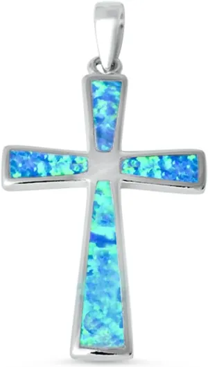 Cross Pendant Lab Created White Opal Blue Opal 925 Sterling Silver Choose Color (35mm)