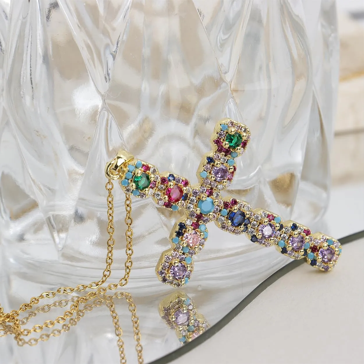 Cross Pendant Necklace for Women Girls - Gothic Catholic Christian Costume Cross Jewelry - Delicate Dainty Cubic Zirconia Rhinestone Stainless Steel Hypoallergenic Chain Christmas Gift