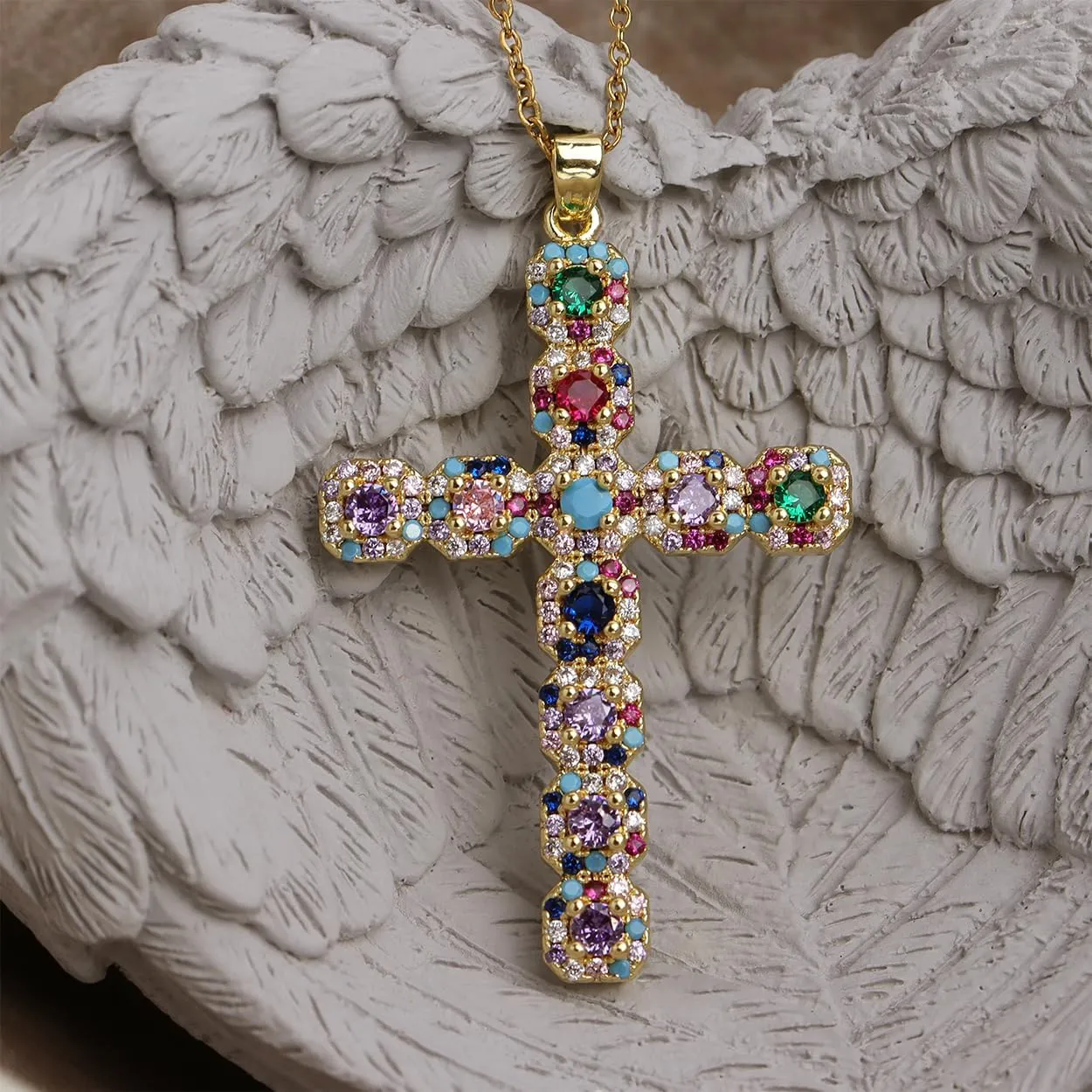 Cross Pendant Necklace for Women Girls - Gothic Catholic Christian Costume Cross Jewelry - Delicate Dainty Cubic Zirconia Rhinestone Stainless Steel Hypoallergenic Chain Christmas Gift
