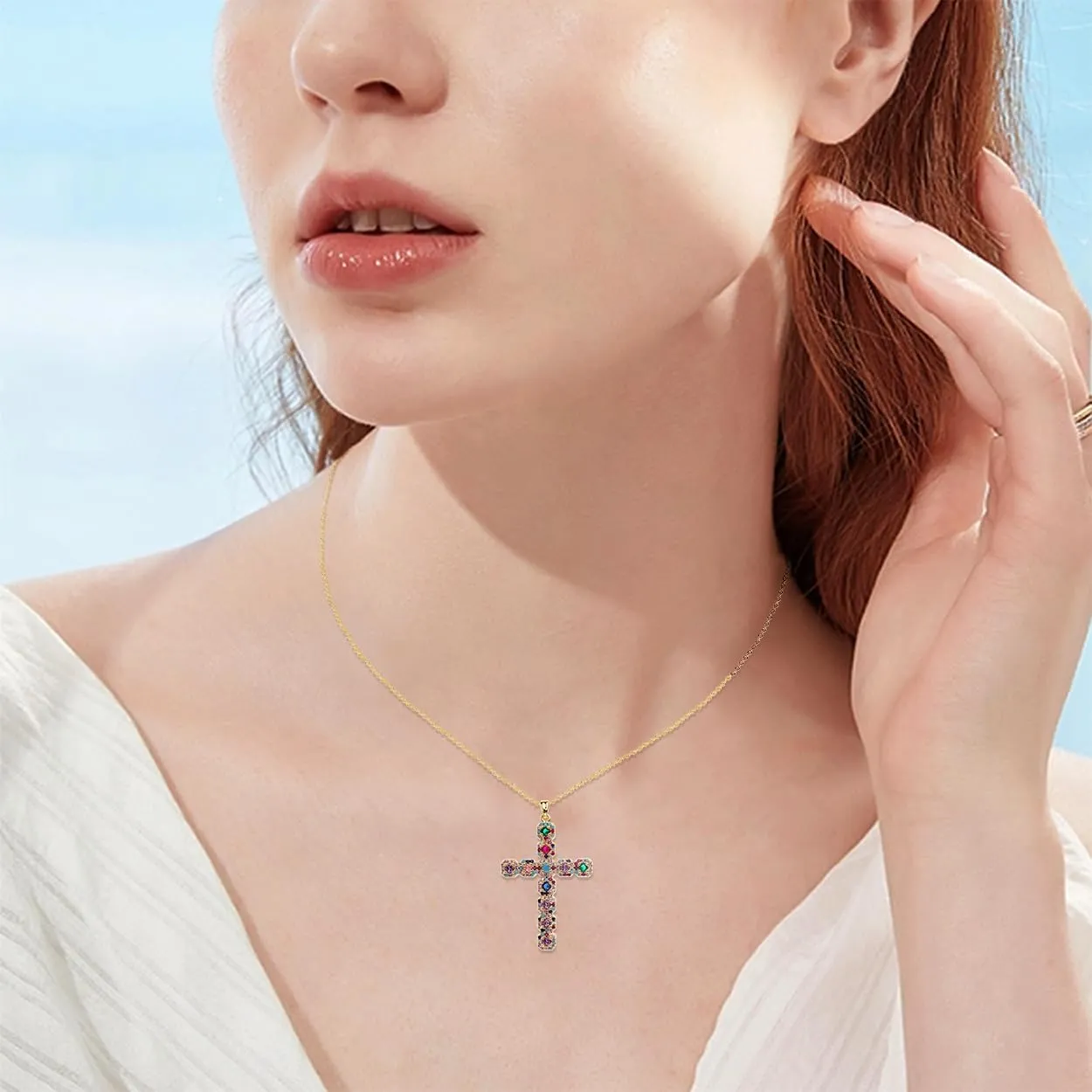 Cross Pendant Necklace for Women Girls - Gothic Catholic Christian Costume Cross Jewelry - Delicate Dainty Cubic Zirconia Rhinestone Stainless Steel Hypoallergenic Chain Christmas Gift