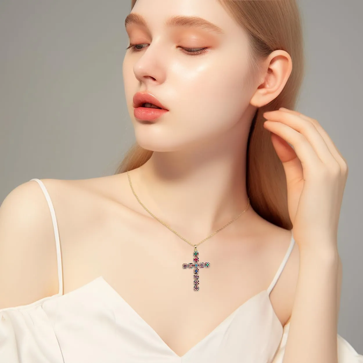 Cross Pendant Necklace for Women Girls - Gothic Catholic Christian Costume Cross Jewelry - Delicate Dainty Cubic Zirconia Rhinestone Stainless Steel Hypoallergenic Chain Christmas Gift