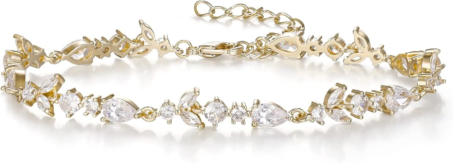 Crysdue Wedding Bridal Link Bracelet for Brides Bridesmaids, Marquise Cubic Zirconia Tennis Bracelets for Women Prom Jewelry
