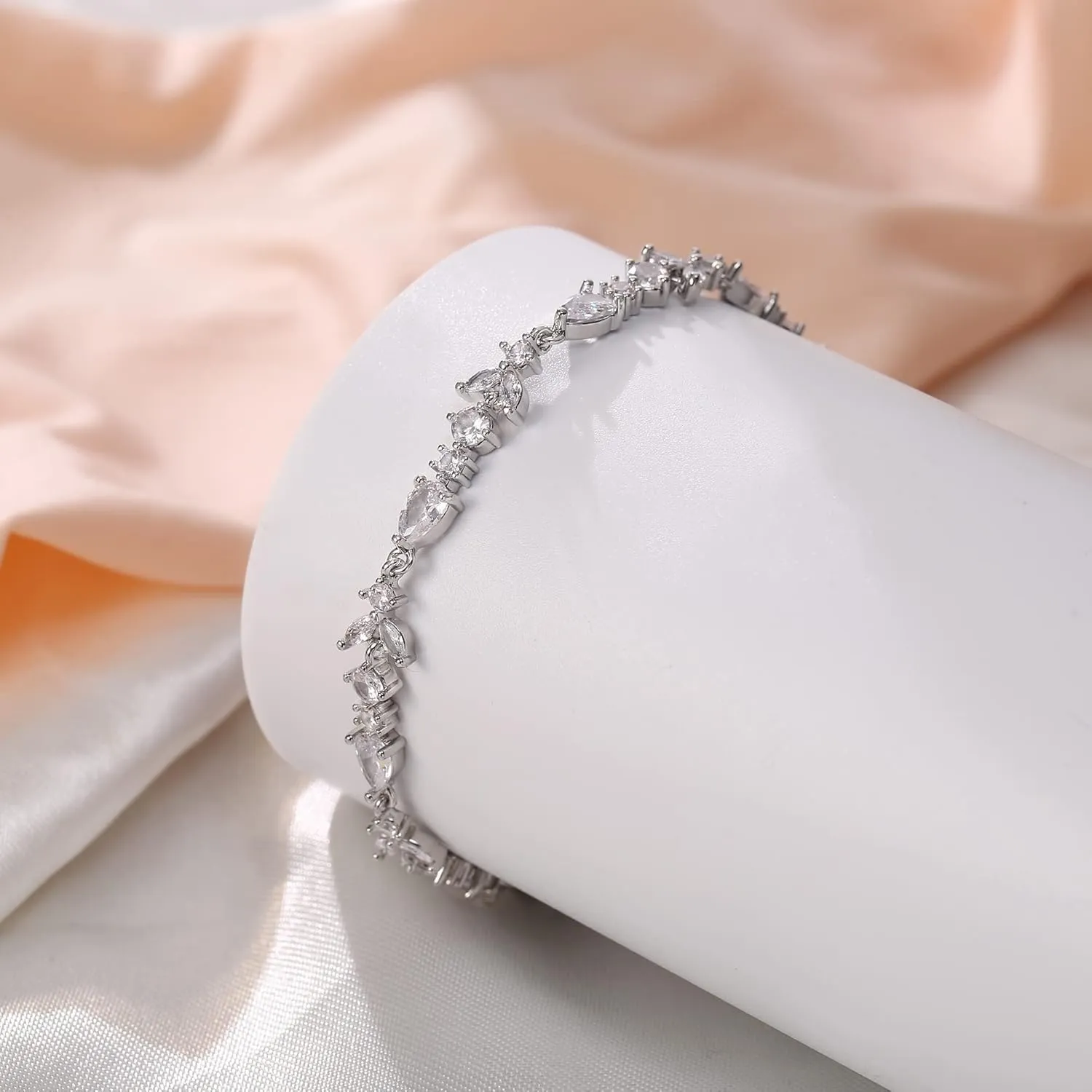 Crysdue Wedding Bridal Link Bracelet for Brides Bridesmaids, Marquise Cubic Zirconia Tennis Bracelets for Women Prom Jewelry