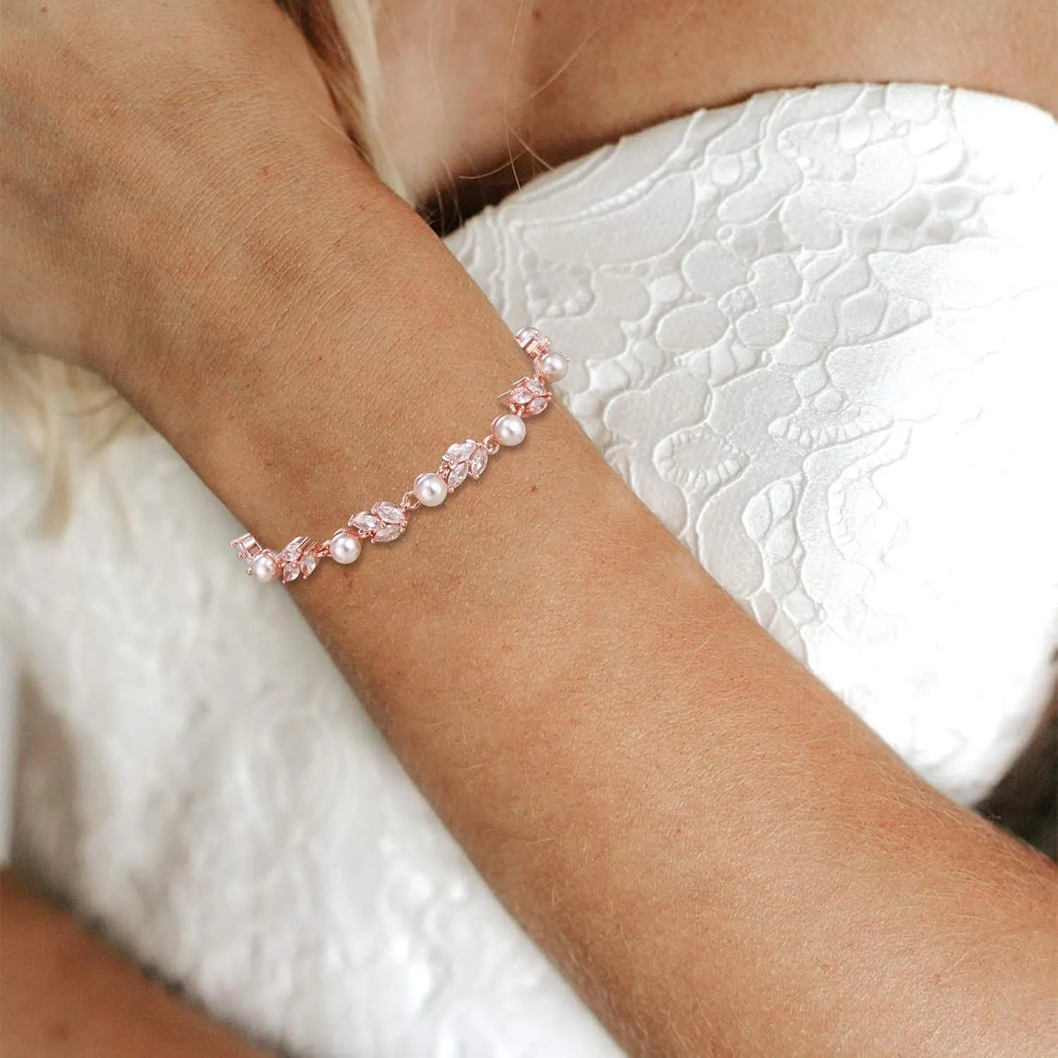 Crysdue Wedding Bridal Link Bracelet for Brides Bridesmaids, Marquise Cubic Zirconia Tennis Bracelets for Women Prom Jewelry