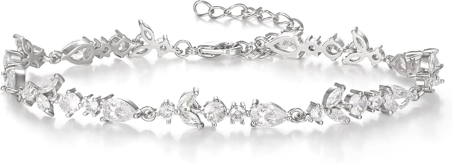 Crysdue Wedding Bridal Link Bracelet for Brides Bridesmaids, Marquise Cubic Zirconia Tennis Bracelets for Women Prom Jewelry