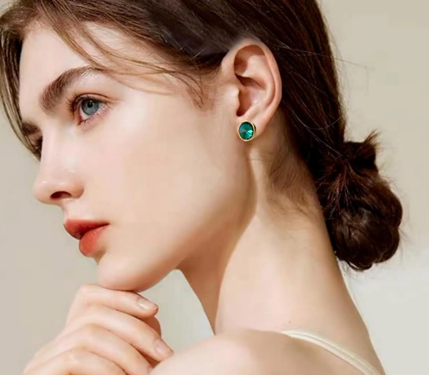 Crystal Gemstone Stud Earrings | 18k Gold Plated Zircon CZ Birthstone Earrings | Preppy Dainty Jewelry Set Gift for Wife Mom Daughter Girlfriend