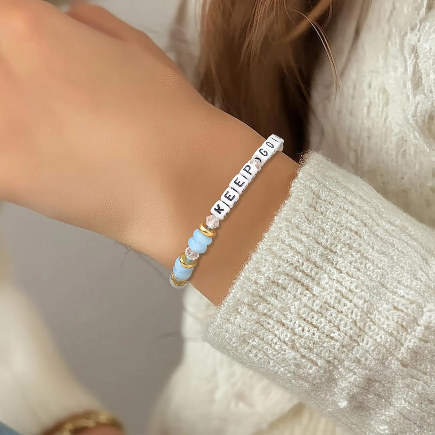 Crystal Letter Beaded Stretch Bracelets for Women, Trendy Boho Gold Natural Stone Beads Bracelet Jewelry Gift.