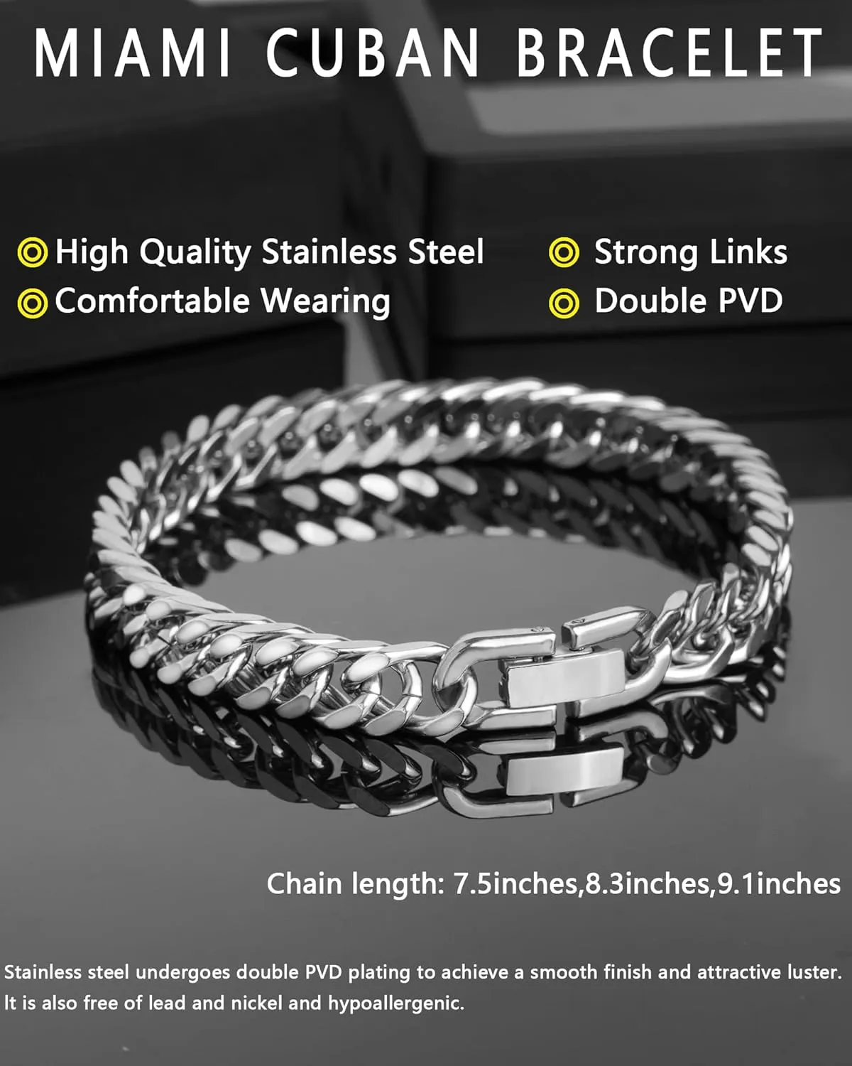 Cuban Link Bracelet for Men, Stainless Steel Men's Bracelets, 8MM Sturdy Miami Hand Chain Hip Hop Wrist Jewelry for Husband/Boyfriend